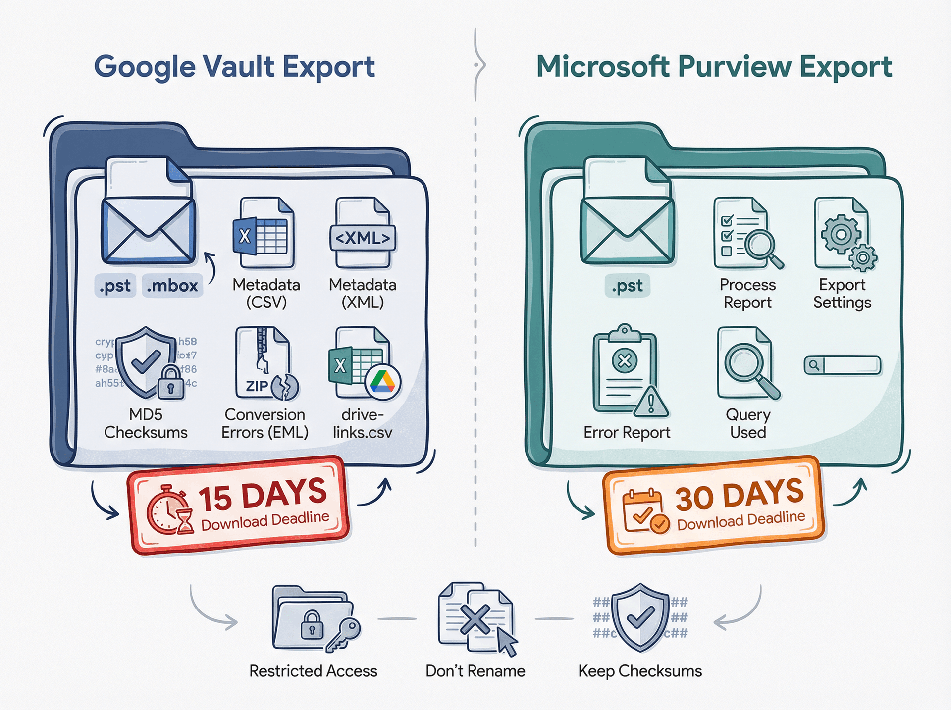 Side-by-side comparison of Google Vault and Microsoft Purview export package contents showing file formats, metadata, and deadline timelines